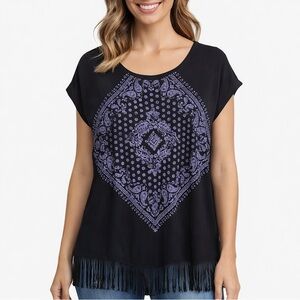 Susan Lawrence Womens Black Paisley Bandana Fringe Hem Boho Top Size S